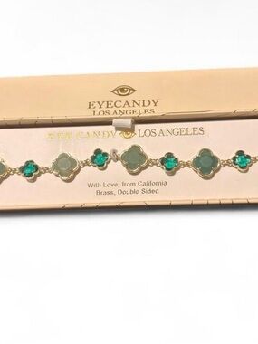 Eye Candy Gold Brass Bracelet with Mint & Emerald Clover Stones